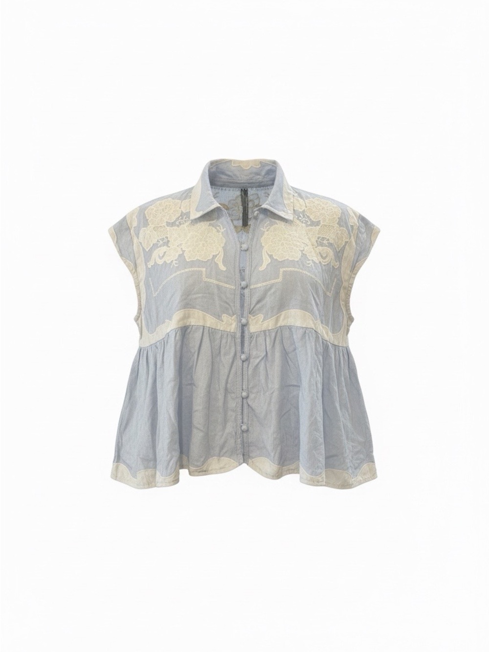 Anthropologie Light Blue Cotton Embroidered Cap-Sleeve Blouse